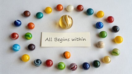 Flat lay of marbles circling a golden marble and card
