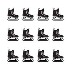Black ice skates arranged in rows on white background