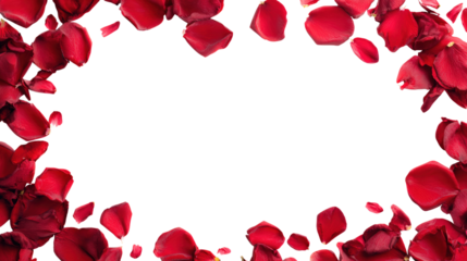 Red rose petals frame isolated on transparent background for love themed decoration
