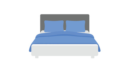 Contemporary flat design illustration of a cozy double bed, complete with soft blue pillows, a warm duvet, sleek white frame, and understated gray