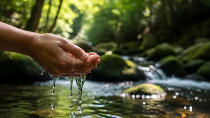 A hand gently holding and letting water flow over a crystal-clear stream, embodying tranquility and connection with nature