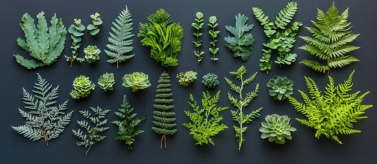 Flatlay of various green plants, ferns, and succulents on dark background; botanical illustration