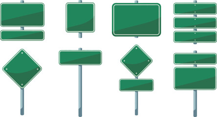 Collection of green road and traffic signs on a white backdrop