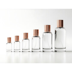 A collection of empty clear glass spray bottles with rose gold caps displayed in varying sizes on a white background