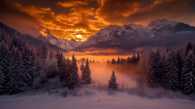A breathtaking winter landscape captured during sunset. The sun casts a warm, golden hue over the snowcovered trees and mountains, creating a serene yet majestic atmosphere.