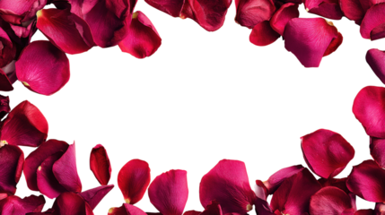 Red rose petals frame isolated on transparent background for love and valentine's design