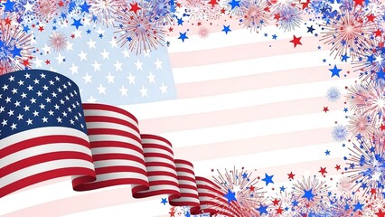 Obraz premium Festive Patriotic Background with Waving American Flags, Stars, and Fireworks