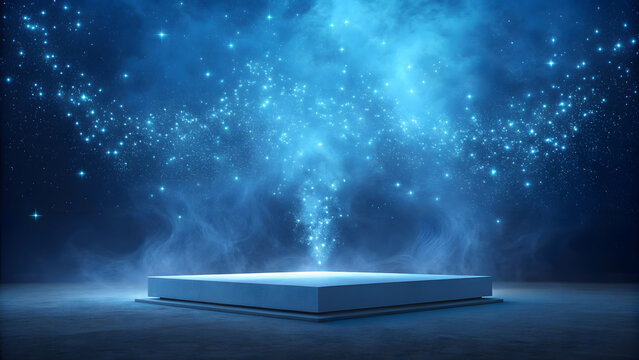 Illuminated podium with ethereal blue light and sparkling particles creating a magical atmosphere