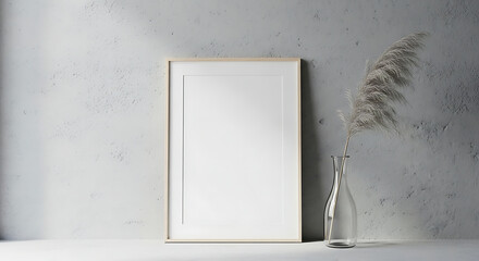 Framed Blank Poster Leaning Against Concrete Wall with Glass Vase and Feathery Plume