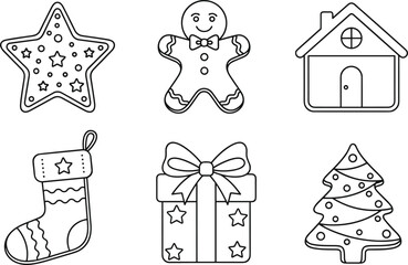 Fototapeta premium Detailed Outline Vector Icon Set Featuring Gingerbread Men Cookies Gift Boxes Stockings and Decorated Christmas Trees for Holidays