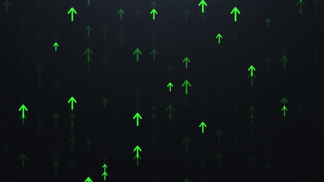 Animated glowing green arrows moving upward against a black background. A futuristic digital animation symbolizing growth, progress, success, and financial advancement. Ideal for business and technolo