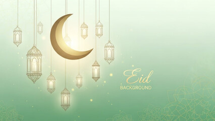 Eid mubarak greeting card with crescent moon and lanterns on green background with festive lights and decorations