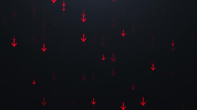 Animated glowing red arrows moving downwards against a black background. A futuristic digital animation symbolizing the decline of progress, success, and financial crisis. Perfect for business and tec