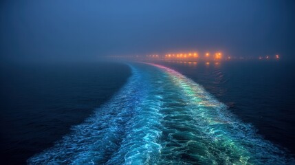 Cruise ship at night leaving wake with colorful illuminated lights