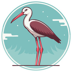 Stylized white and maroon stork bird illustration standing with long legs against a natural background