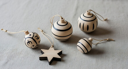 Wooden Christmas Ornaments and Star on Fabric