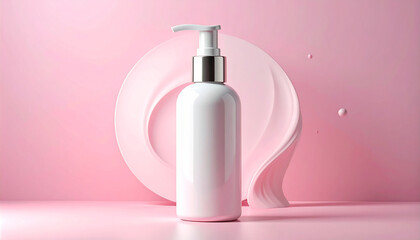 White pump bottle with pink abstract swirl and droplets on pastel background cosmetic skincare