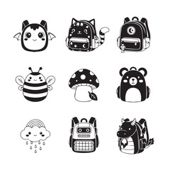 Cute cartoon animals and fantasy creatures with backpacks