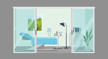 Modern clinic examination room with advanced medical equipment and serene natural view