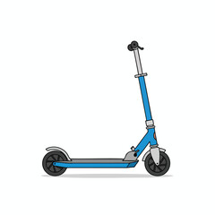 An illustrated blue kick scooter, wheels visible, set on a white background