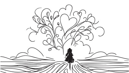 line sketch landscape abstract with heart and fashion girl