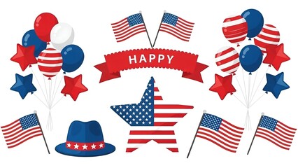 Happy Fourth of July celebration elements set with patriotic balloons and flags