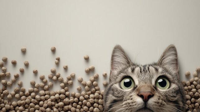 Pet Food for Picky Eaters Captures Curious Cat Looking at Food With Clean Background Creating a Playful and Engaging Moment