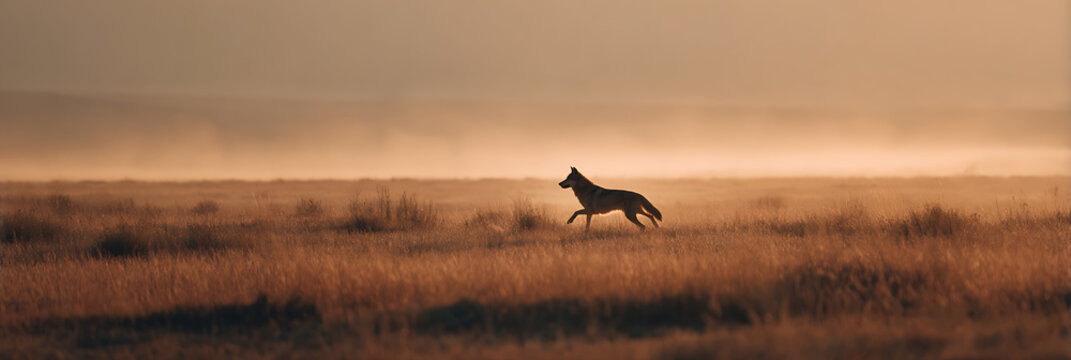 Running Coyote in a Misty Plain: A lone coyote, silhouetted against the morning mist, sprints across a vast, golden plain, embodying the raw essence of wildlife.