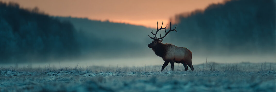 Majestic Elk in Foggy Dawn: A solitary elk with impressive antlers strides gracefully through a misty meadow, silhouetted against the soft hues of the early dawn. A moment of wilderness beauty