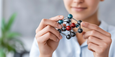 Schoolgirl holding molecular structure model in hands on background in school laboratory, concept of teaching natural sciences in school and college