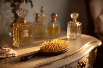 Hairbrush and Perfume Bottles on Vanity