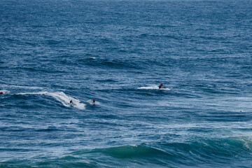 Fototapeta premium Surfers ride powerful ocean waves in a blue sea, capturing an energetic surfing scene