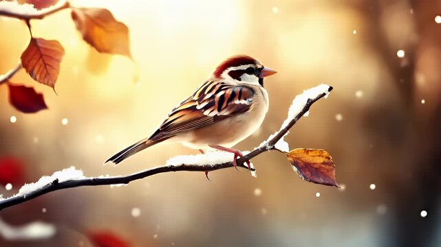 A vivid winter scene featuring a sparrow perched on a branch covered in snow. The bird is captured in a side profile, with its head turned slightly to the left.