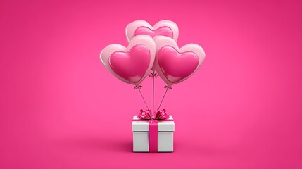 Gift box with balloons and heart shapes on pink background, celebration romantic surprise love valentine theme, floating festive present with ribbon bow, joyful 3d illustration for holidays