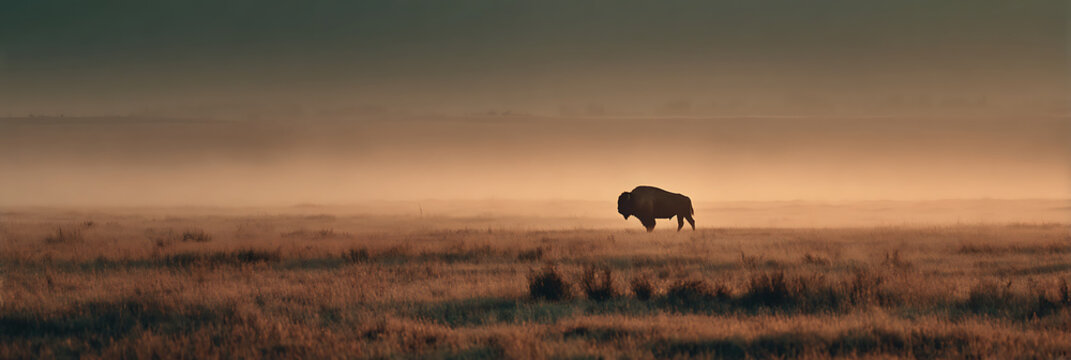 Majestic Bison in the Wilderness: A solitary bison strides across the vast, misty plains, silhouetted against a dramatic sky. The scene embodies the raw beauty of the American West.