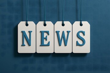 Four white rectangular tags with blue letters spelling N E W S hanging on strings against a