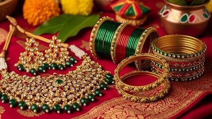 A collection of colorful bangles and jewelry, evoking a sense of festive celebration and adornment