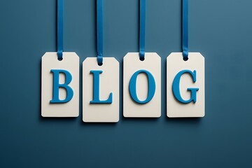 Four white rectangular tags with blue letters spelling B L O G on a dark background