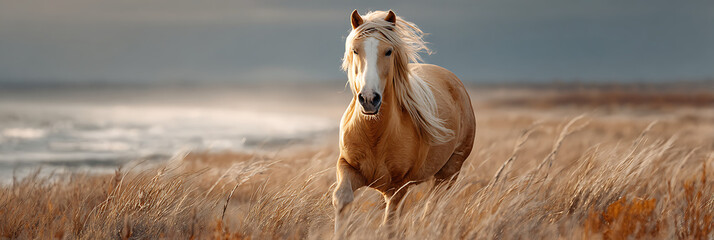 Golden Horse in the Meadow: A majestic horse with flowing mane gallops through a field of tall grass, its golden coat catching the sunlight, embodying freedom and power.