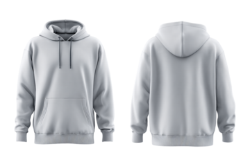 Light grey hoodie with drawstring and pocket isolated on transparent background