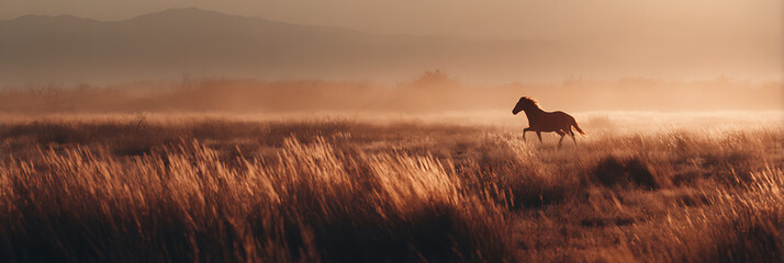 Solitary Stallion's Dawn Gallop: A lone stallion gallops freely across an open, grassy expanse at dawn, its silhouette etched against the hazy light of the rising sun.