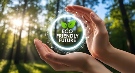 Hands holding glowing eco friendly future symbol in forest