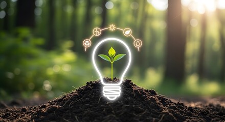 Lightbulb with plant growing inside surrounded by energy in forest
