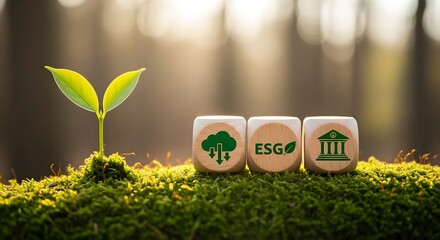 Three wooden cubes with E S G symbols on moss with a green plant