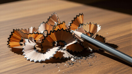 Pencil shavings in artistic style with brown colors used for writing