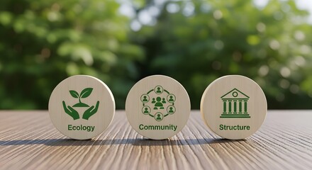 Three wooden tokens with ecology community and structure on a wooden surface