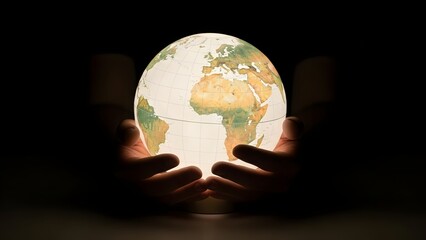A person's hands delicately cradle a glowing illuminated globe, symbolizing global unity and connection. The person's hands are outstretched, offering the world to the viewer.