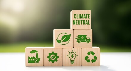 Wooden blocks with climate neutral and text green renewable energy