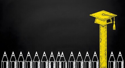 Yellow graduation cap standing on a row of white pencils
