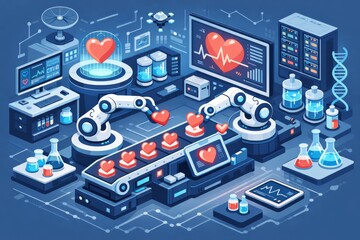 Advanced robotic arms assemble hearts in a futuristic medical laboratory setting